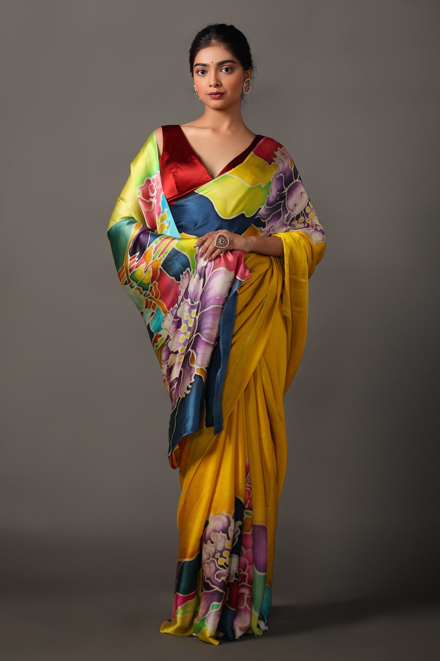 Vibrant Hand-Painted Pure Silk Satin Saree in Yellow