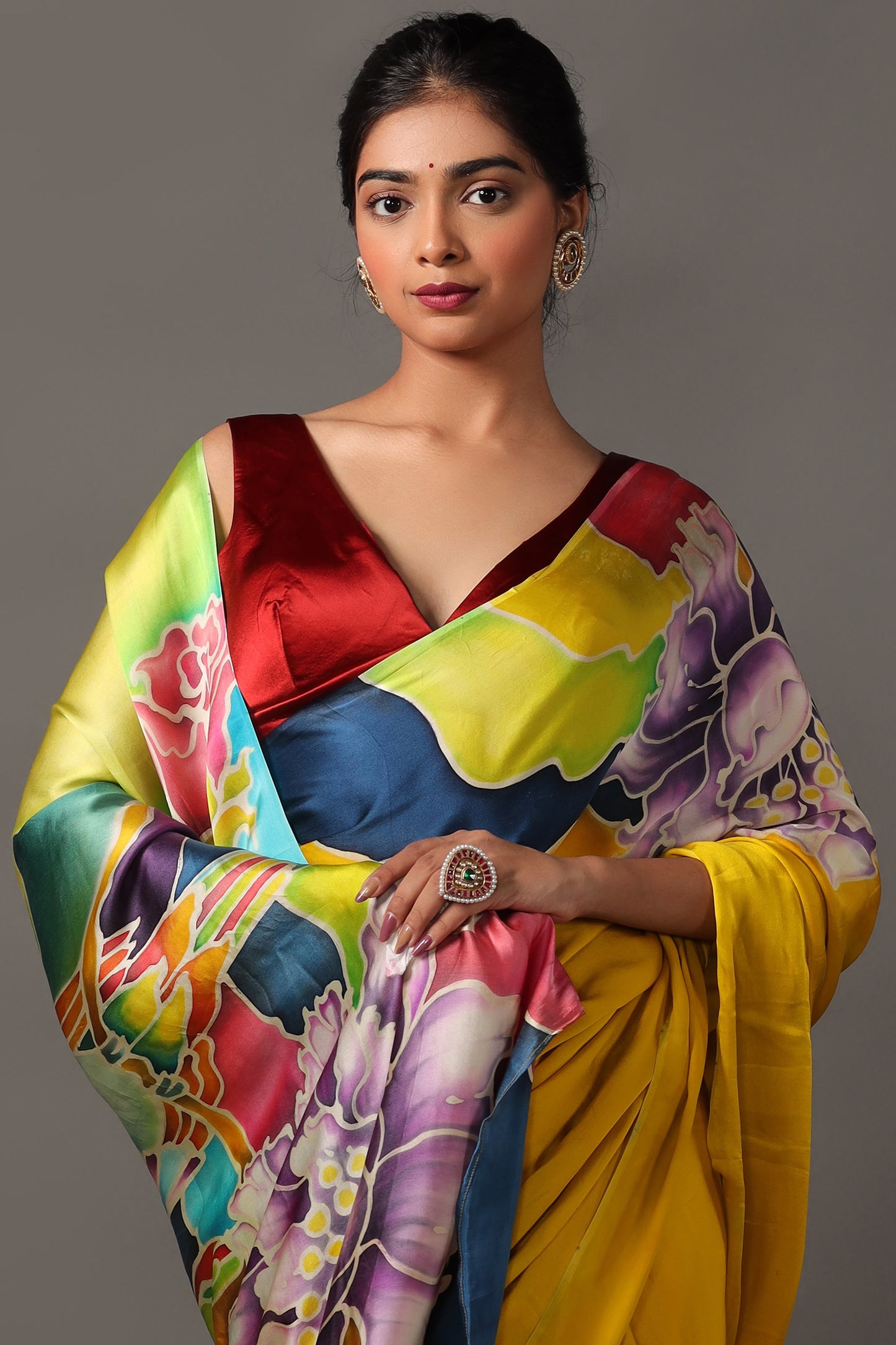 Vibrant Hand-Painted Pure Silk Satin Saree in Yellow