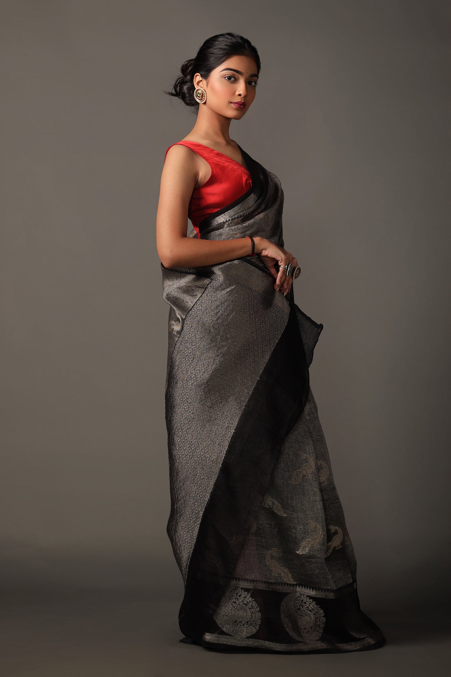 Handwoven Chanderi Silk Saree in Cloud Grey and Black with Zari Weave