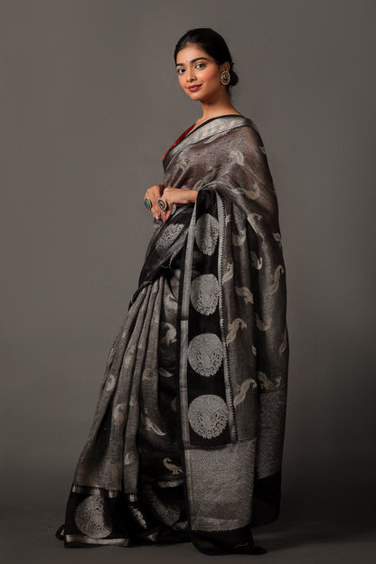 Handwoven Chanderi Silk Saree in Cloud Grey and Black with Zari Weave