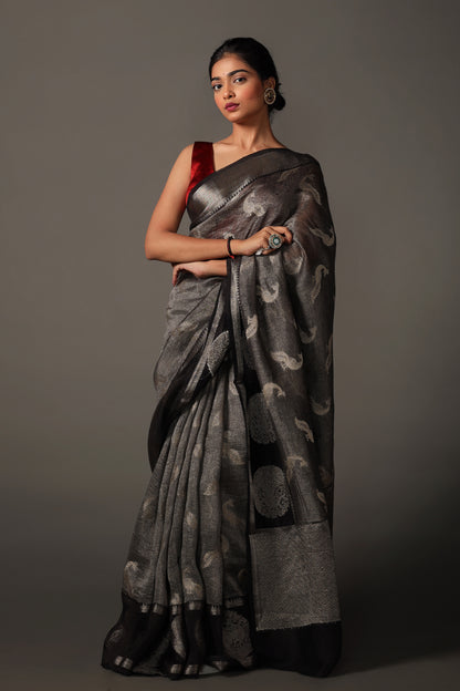 Handwoven Chanderi Silk Saree in Cloud Grey and Black with Zari Weave