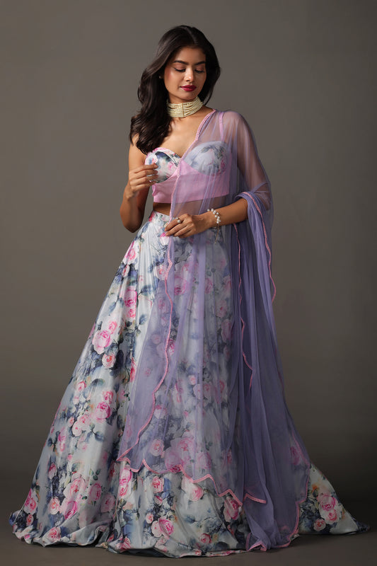 Satin Silk Floral Print Lehenga Set with Net Dupatta