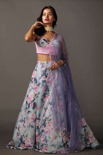 Satin Silk Floral Print Lehenga Set with Net Dupatta