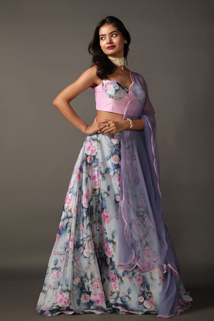 Satin Silk Floral Print Lehenga Set with Net Dupatta