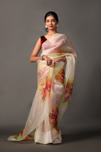 Off-White Mulberry Silk Organza Saree