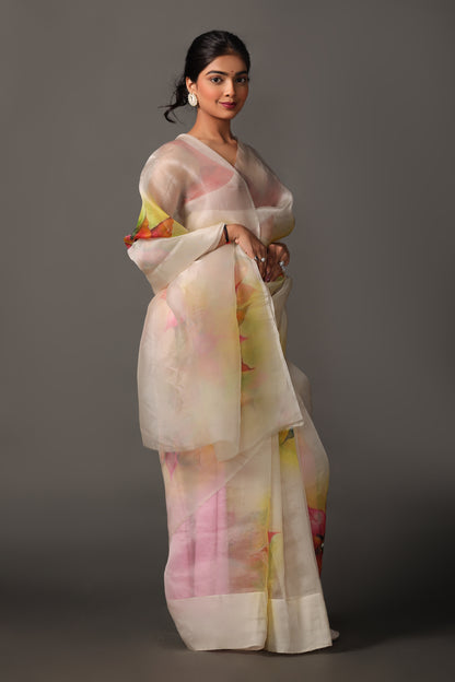 Off-White Mulberry Silk Organza Saree