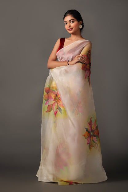 Off-White Mulberry Silk Organza Saree