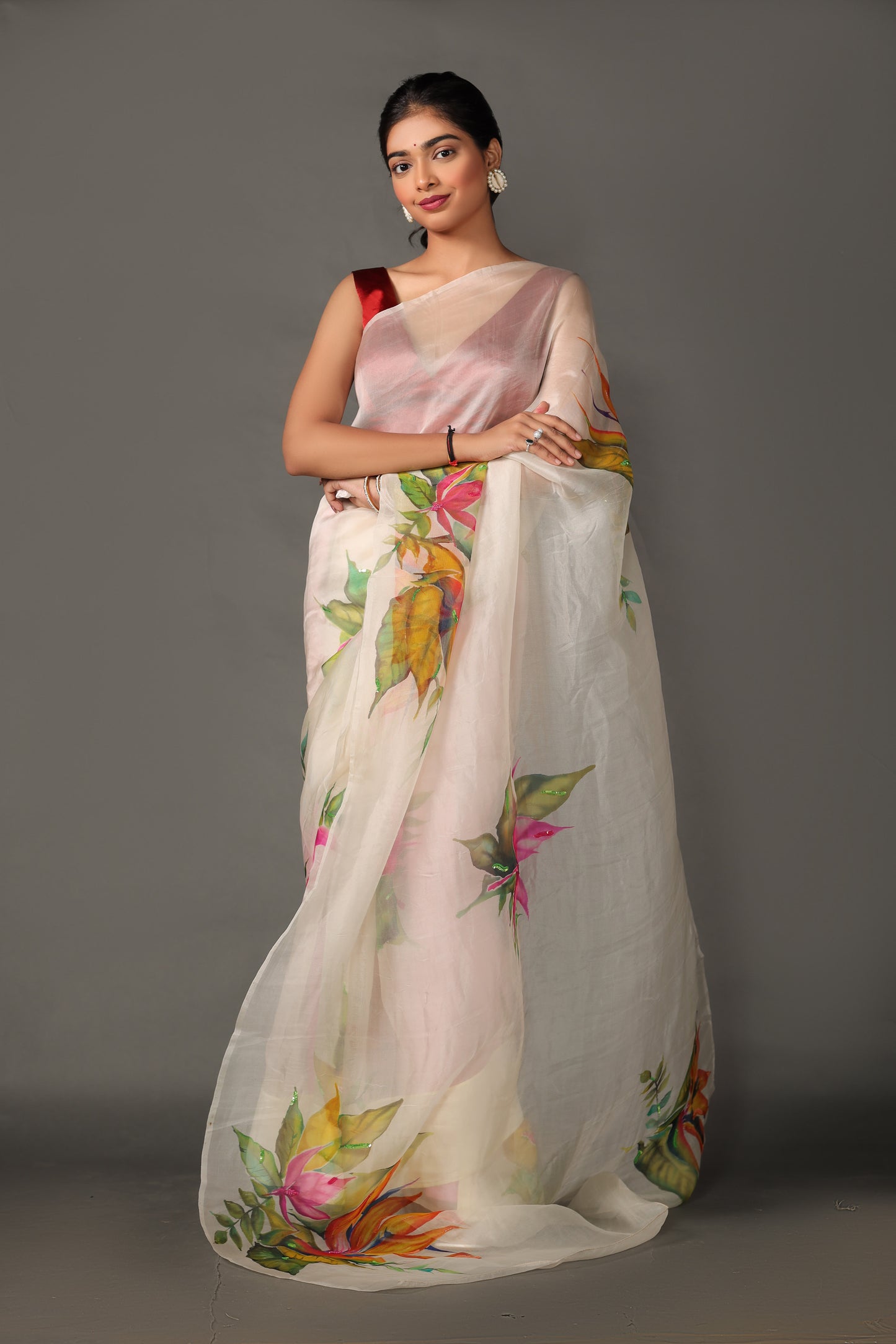 Hand-Painted Off-White Malbari Silk Organza Saree with Crape Blouse Piece