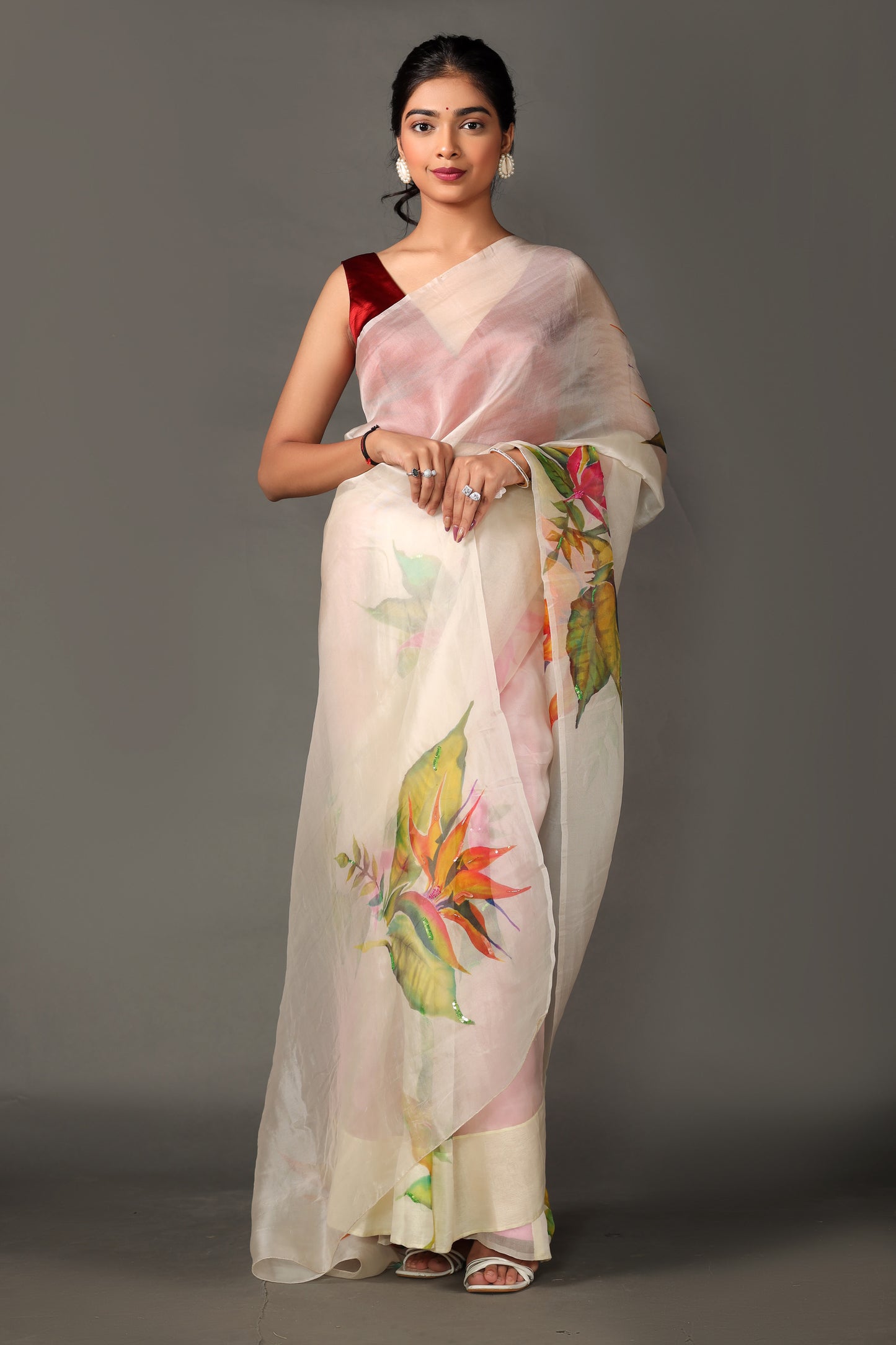 Hand-Painted Off-White Malbari Silk Organza Saree with Crape Blouse Piece