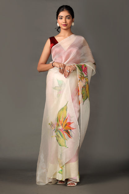 Hand-Painted Off-White Mulberry Silk Organza Saree with Crape Blouse Piece