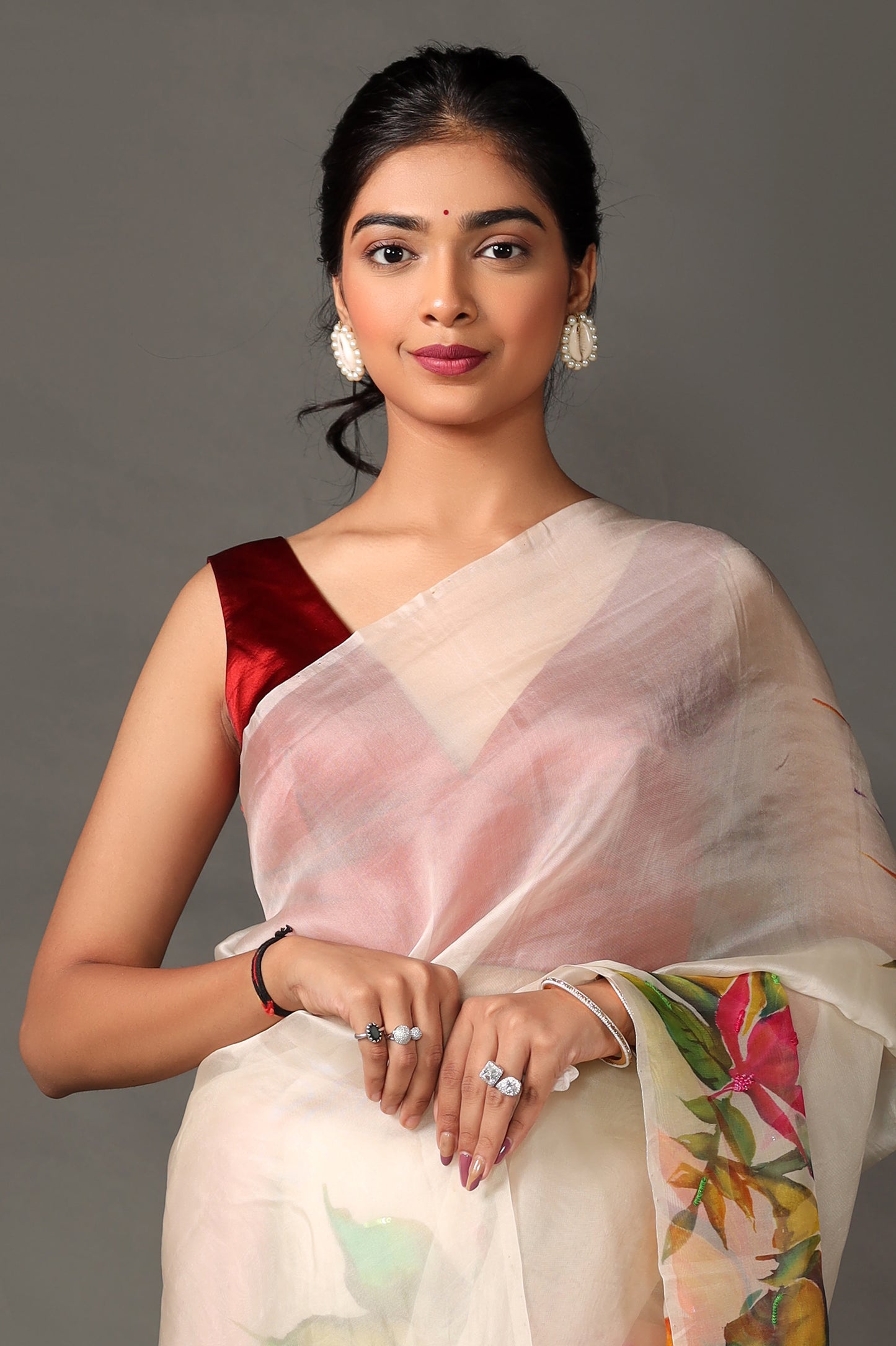 Hand-Painted Off-White Malbari Silk Organza Saree with Crape Blouse Piece