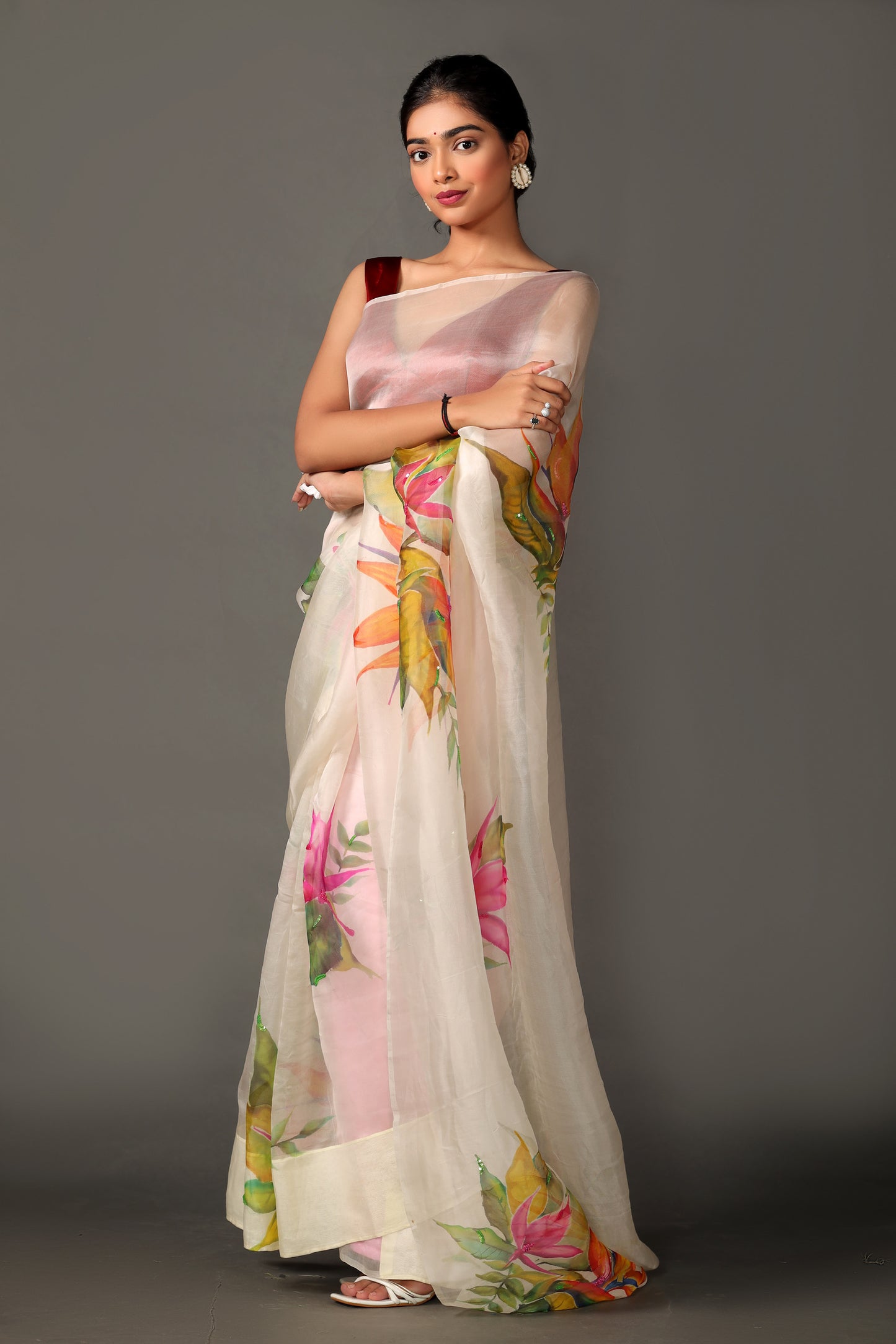 Hand-Painted Off-White Malbari Silk Organza Saree with Crape Blouse Piece