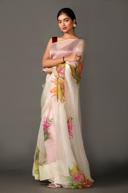 Hand-Painted Off-White Mulberry Silk Organza Saree with Crape Blouse Piece