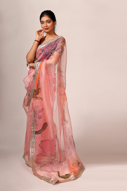 Peach Pink Tissue Organza Saree Set with Satin Blouse and Handcrafted Border