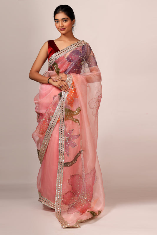 Peach Pink Tissue Organza Saree Set with Satin Blouse and Handcrafted Border