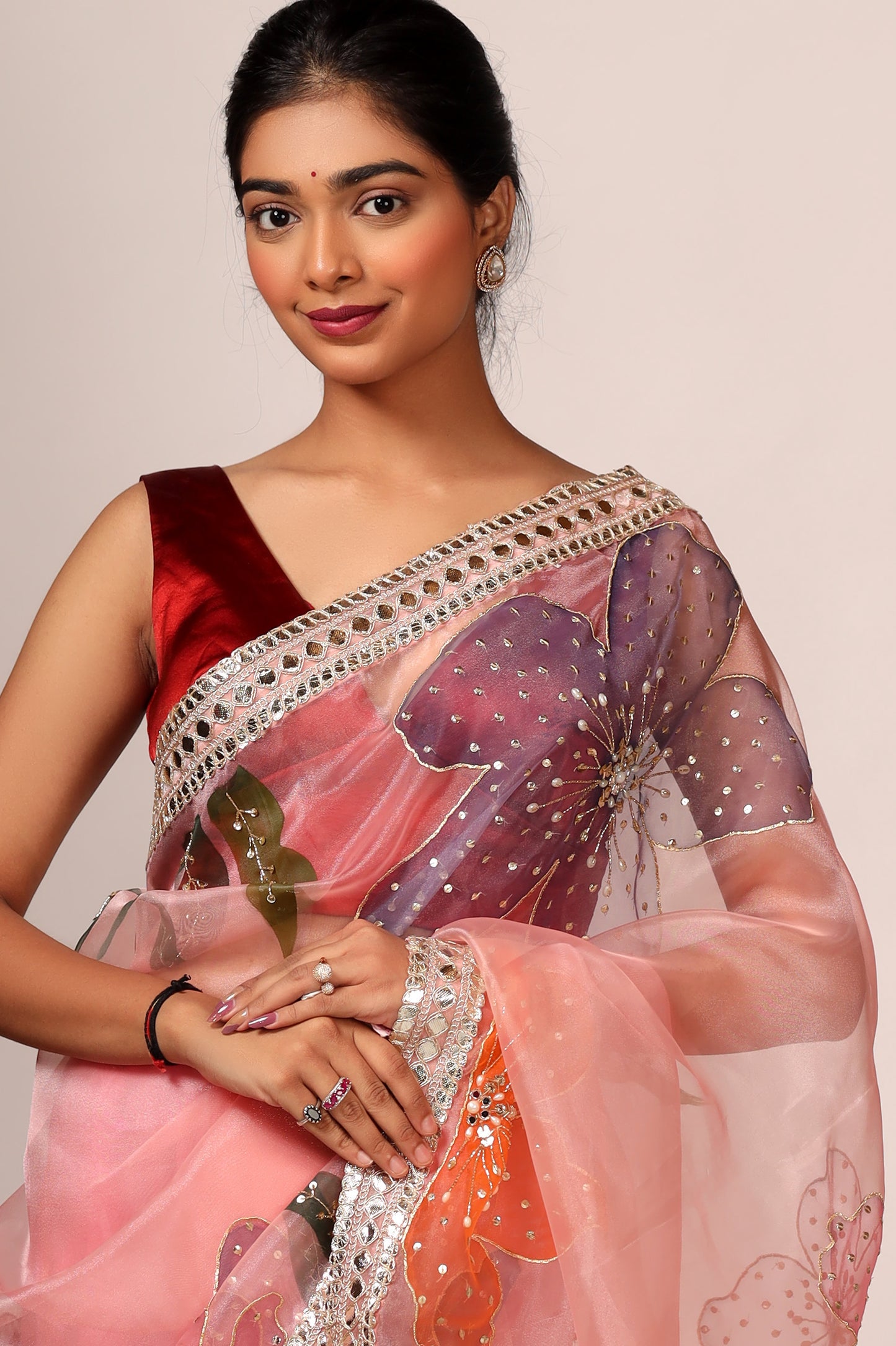 Peach Pink Tissue Organza Saree Set with Satin Blouse and Handcrafted Border