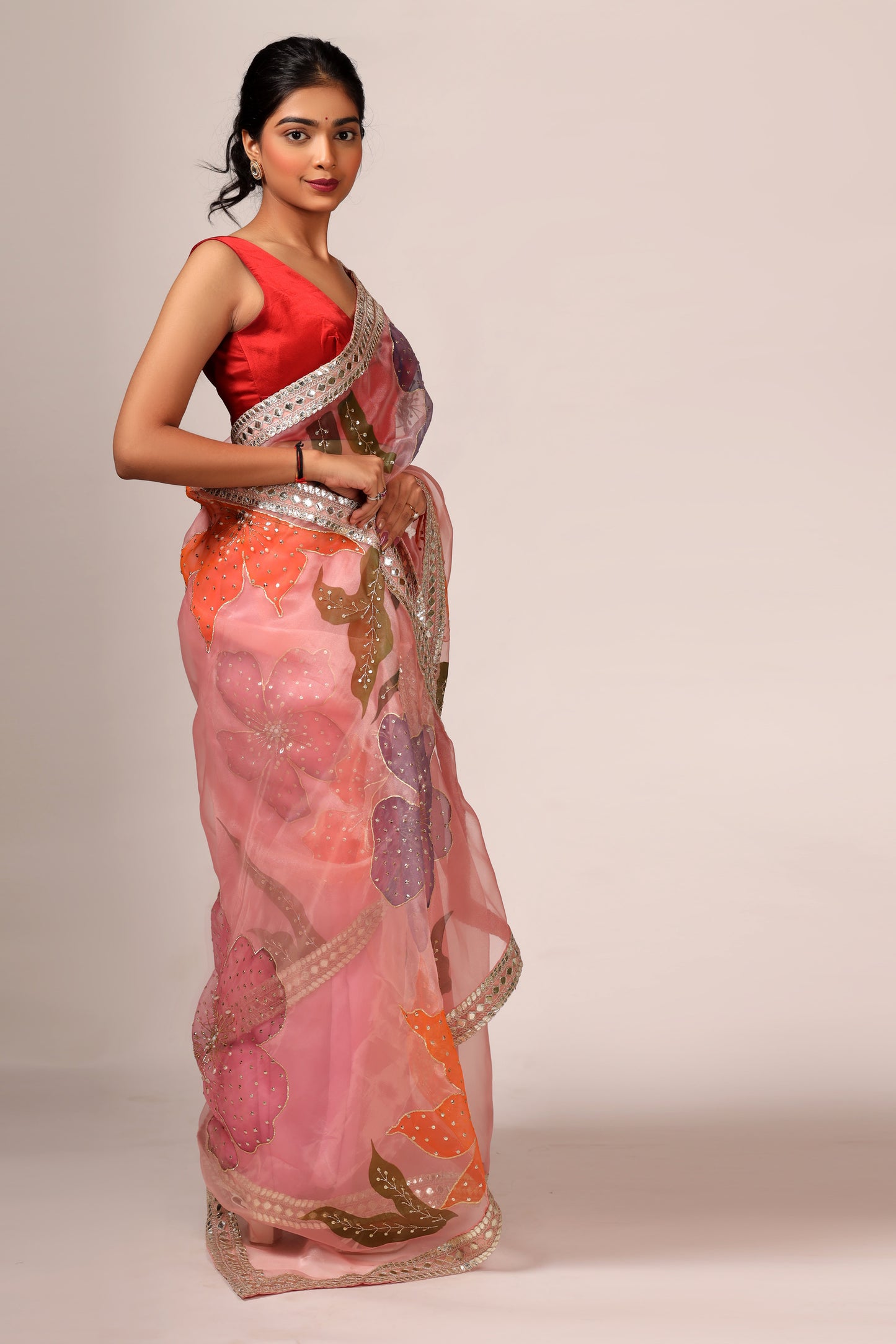 Peach Pink Tissue Organza Saree Set with Satin Blouse and Handcrafted Border