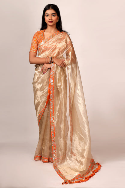 Silk Tissue Saree with Hand Embroidered Gota Patti Work