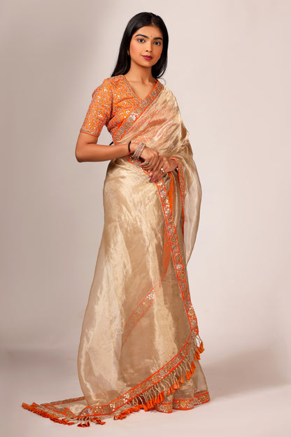 Silk Tissue Saree with Hand Embroidered Gota Patti Work