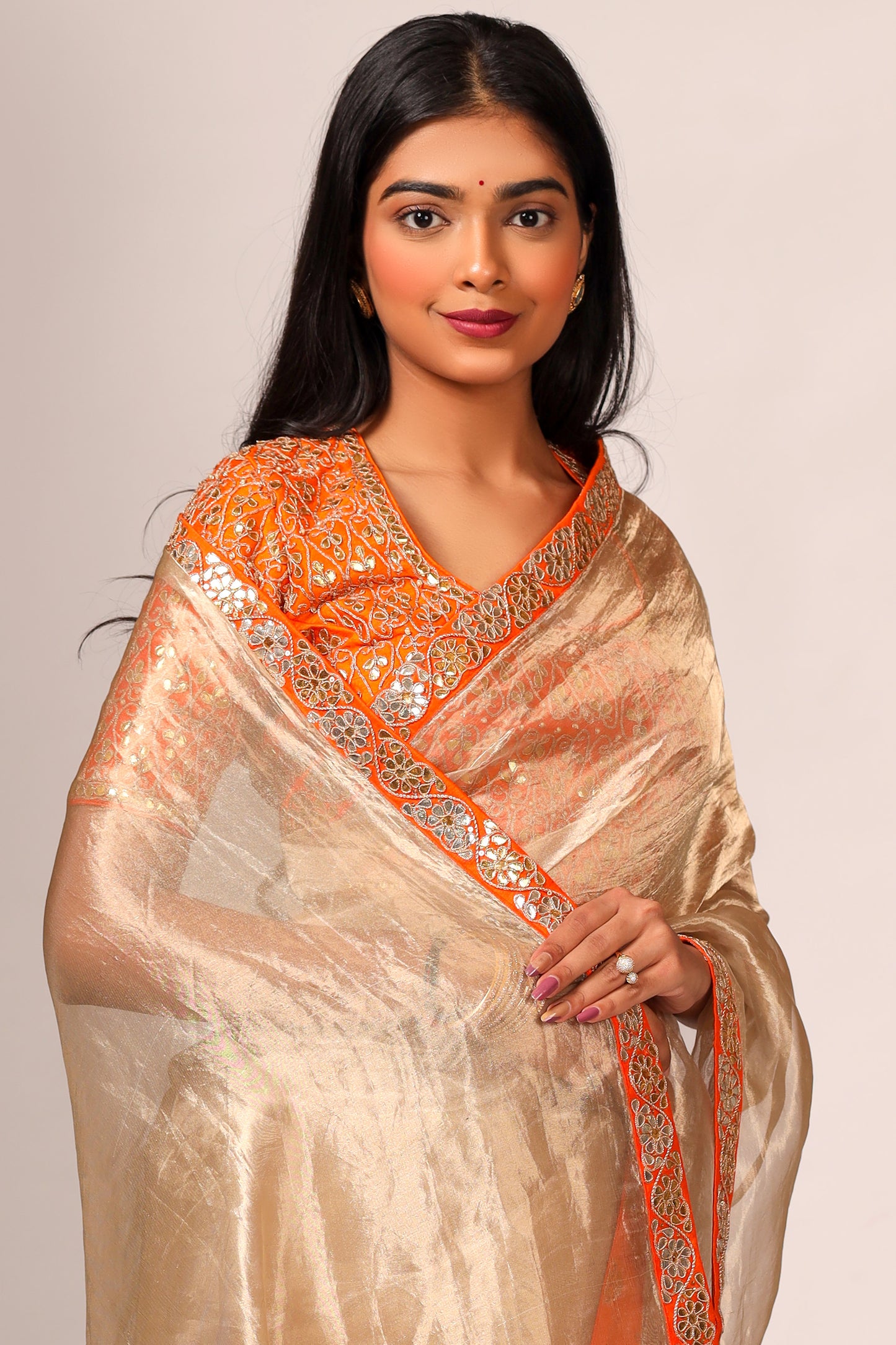 Silk Tissue Saree with Hand Embroidered Gota Patti Work