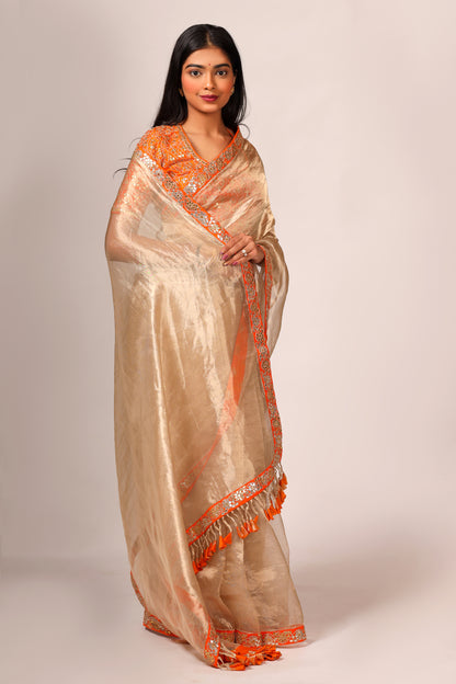 Silk Tissue Saree with Hand Embroidered Gota Patti Work