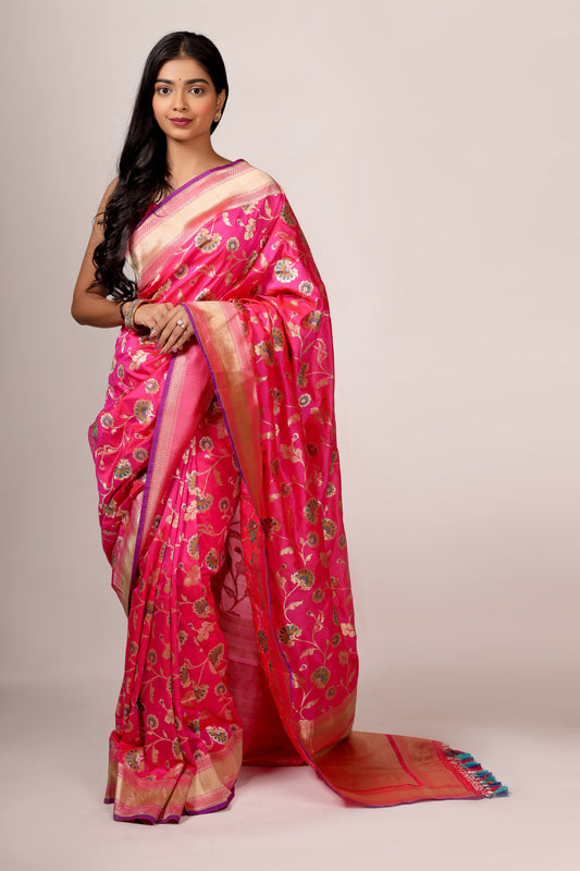 Handwoven Banarasi Katan Silk Saree in Red and Rani with Minakari Design