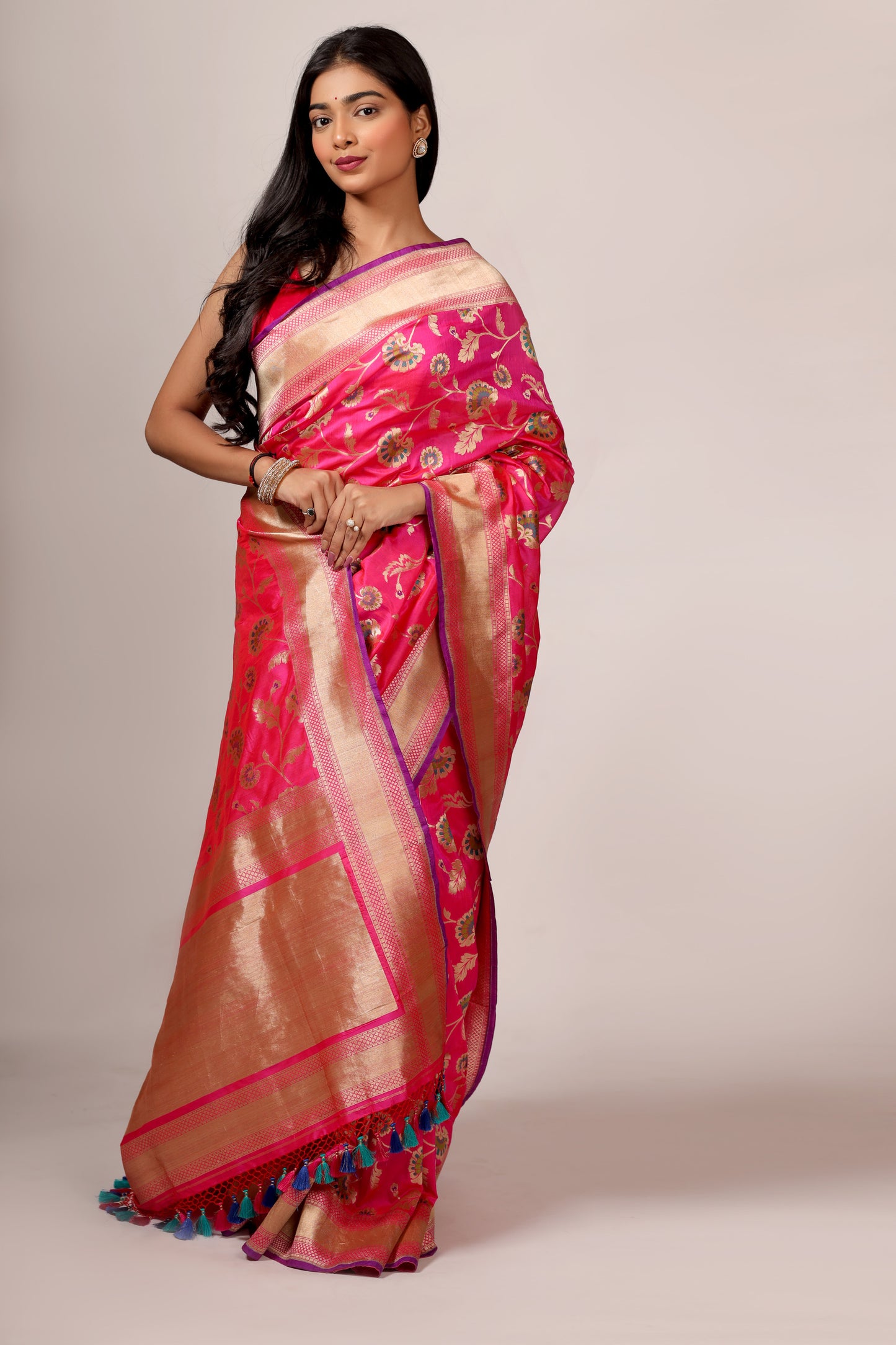 Handwoven Banarasi Katan Silk Saree in Red and Rani with Minakari Design