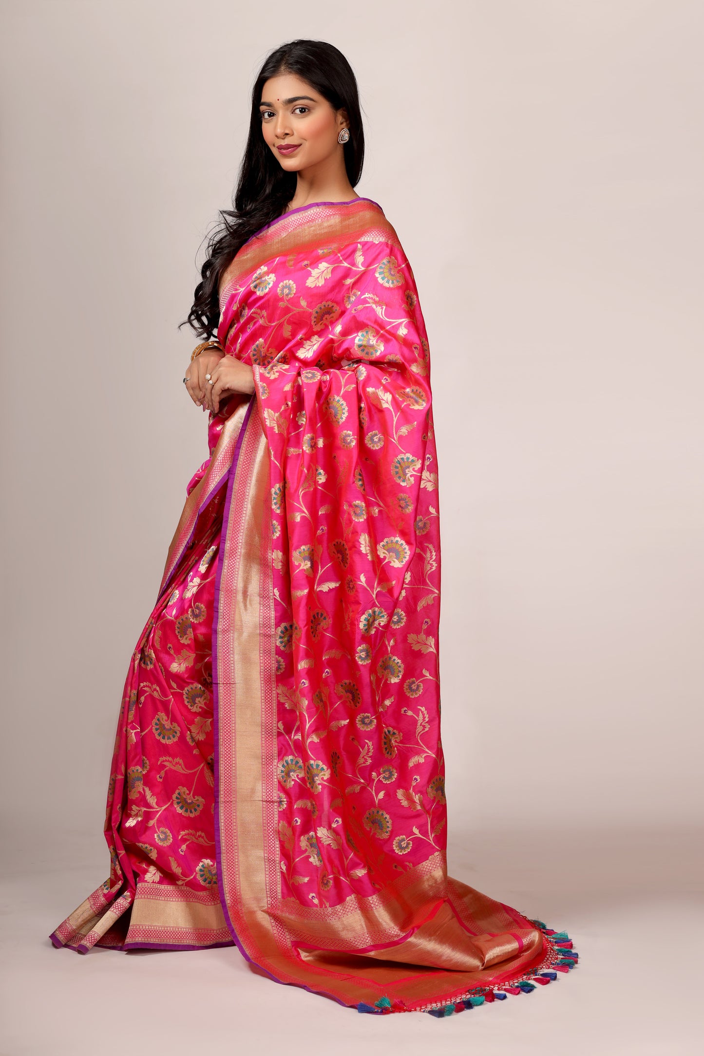 Handwoven Banarasi Katan Silk Saree in Red and Rani with Minakari Design