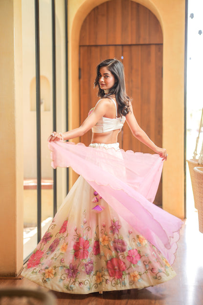 Hand-Painted and Embroidered Silk Organza Lehenga Set with Dupatta