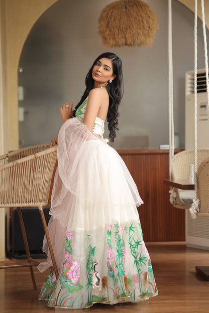 Hand-Painted Silk Organza Lehenga Set with Embroidered Blouse & Net Dupatta