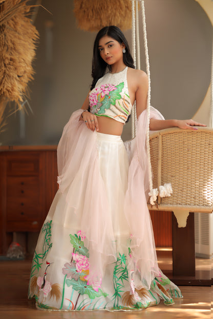 Hand-Painted Silk Organza Lehenga Set with Embroidered Blouse & Net Dupatta