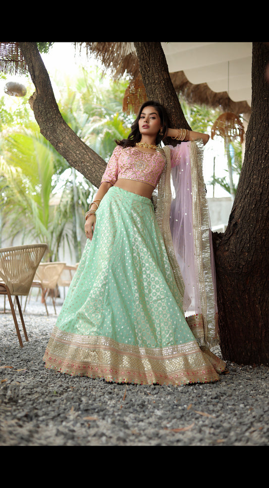 Banarasi Chanderi Lehenga with Gota Patti Embroidered Blouse