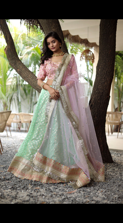 Banarasi Chanderi Lehenga with Gota Patti Embroidered Blouse