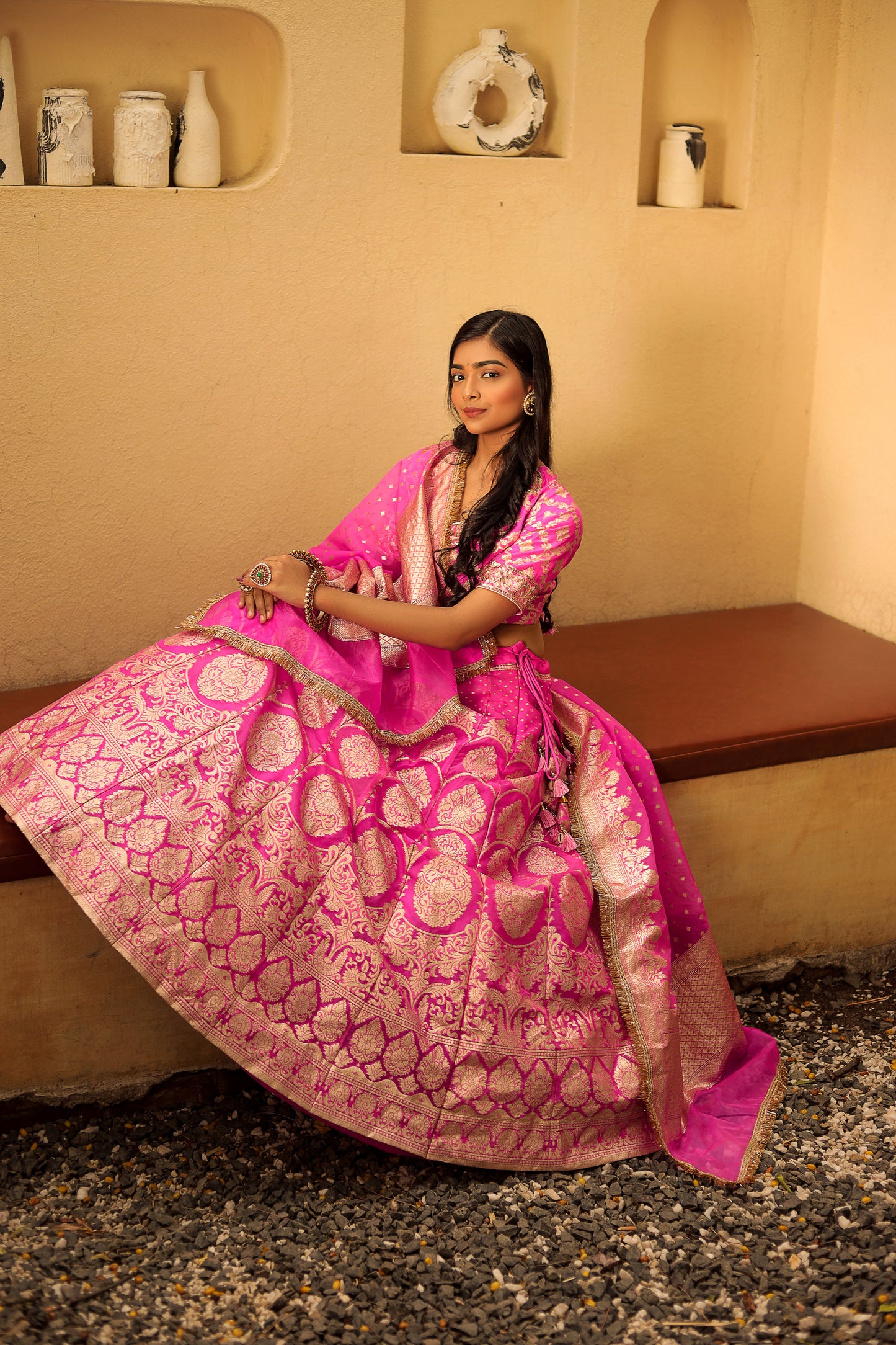 Woven and Hand-Embroidered Banarasi Organza Lehenga in Gulal Pink