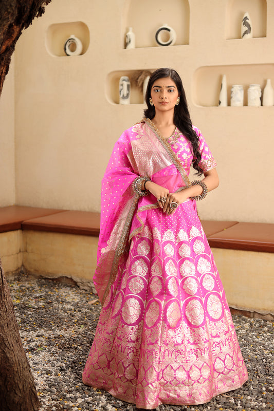 Woven and Hand-Embroidered Banarasi Organza Lehenga in Gulal Pink