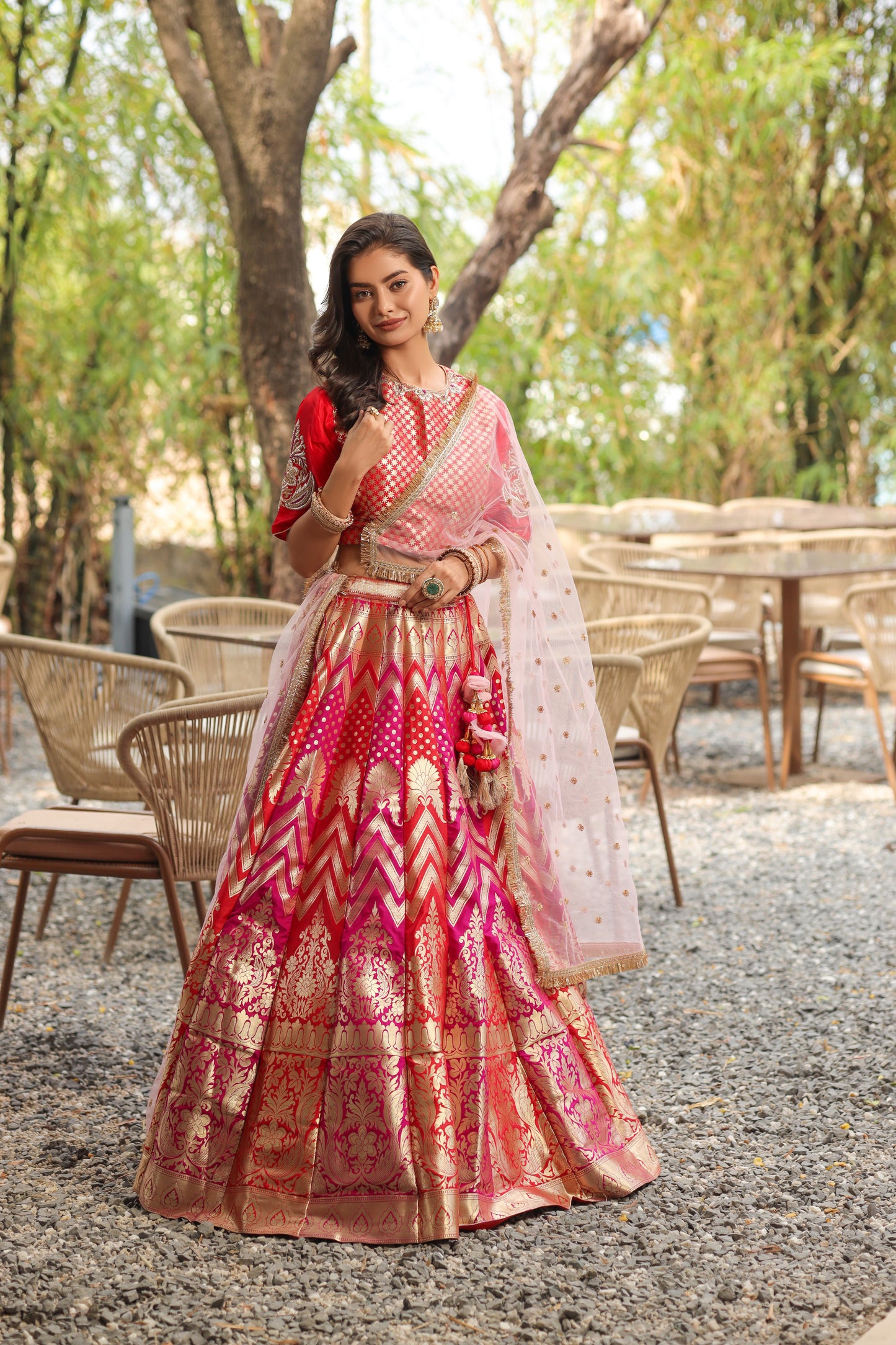 Handwoven Banarasi Brocade Lehenga Set in Red and Pink