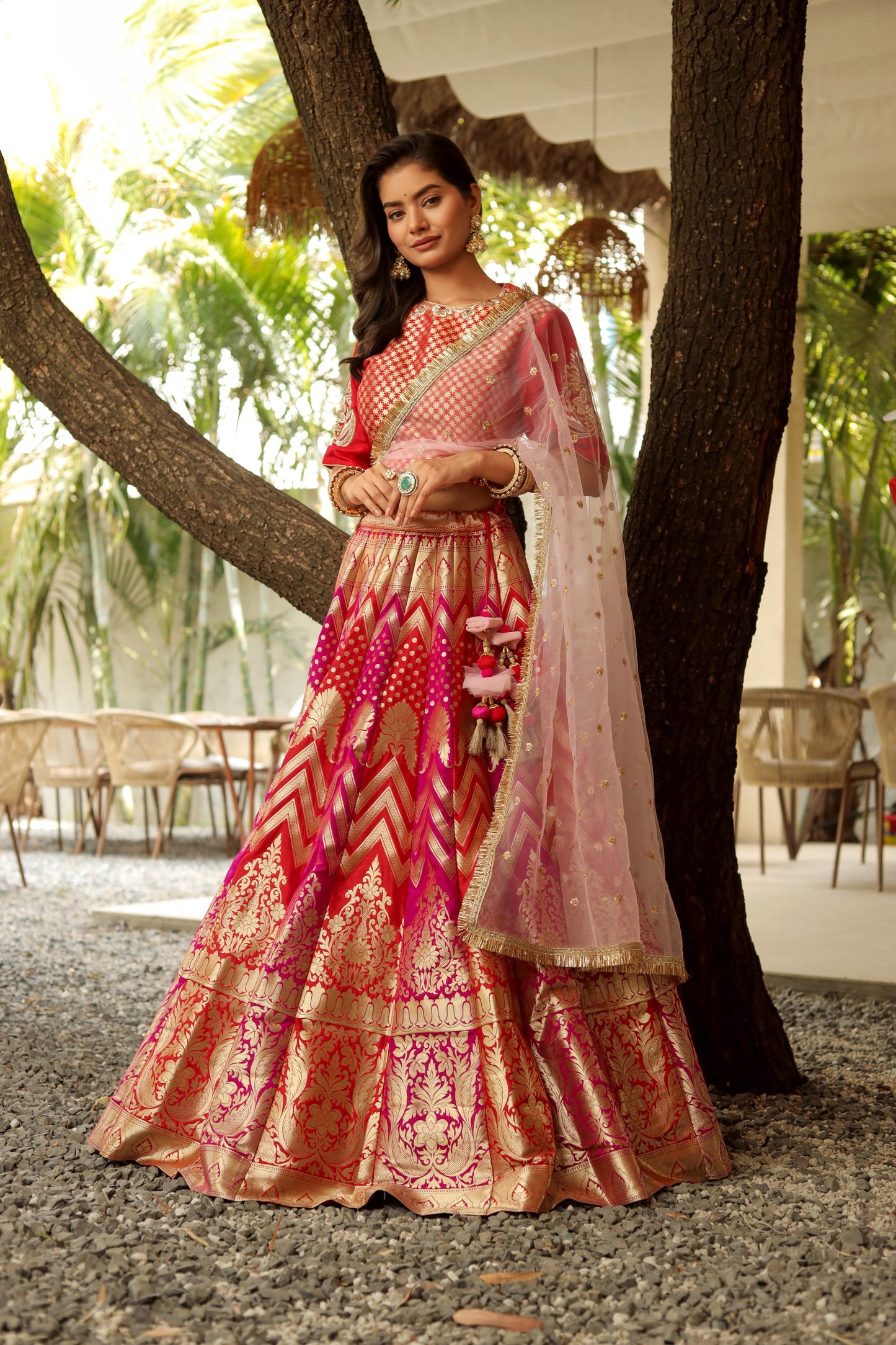 Handwoven Banarasi Brocade Lehenga Set in Red and Pink