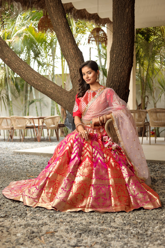 Handwoven Banarasi Brocade Lehenga Set in Red and Pink