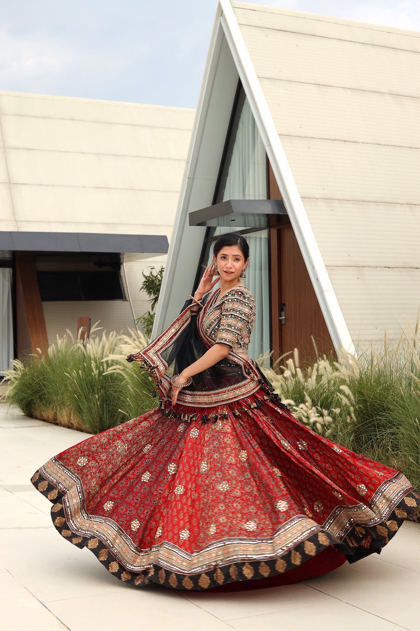 Hand Block Printed Ajrakh Lehenga with Aari Embroidery