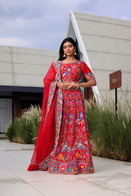 Hand-Embroidered Parsi Gara Crepe Silk Lehenga with Zardosi Highlights