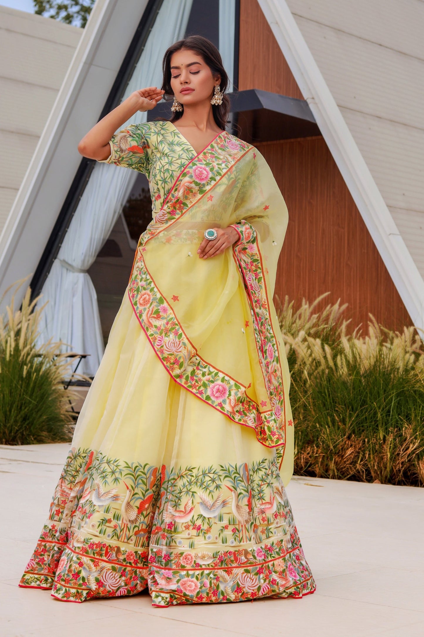 Hand-Painted Silk Organza Lehenga with Hand-Embroidered Blouse