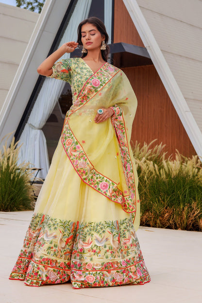 Hand-Painted Silk Organza Lehenga with Hand-Embroidered Blouse