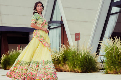 Hand-Painted Silk Organza Lehenga with Hand-Embroidered Blouse