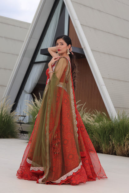 Digital Printed Ajrakh Organza Lehenga with Mirror Embroidered Borders