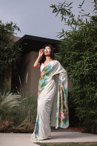 Off-White Mulberry Silk Crepe Saree