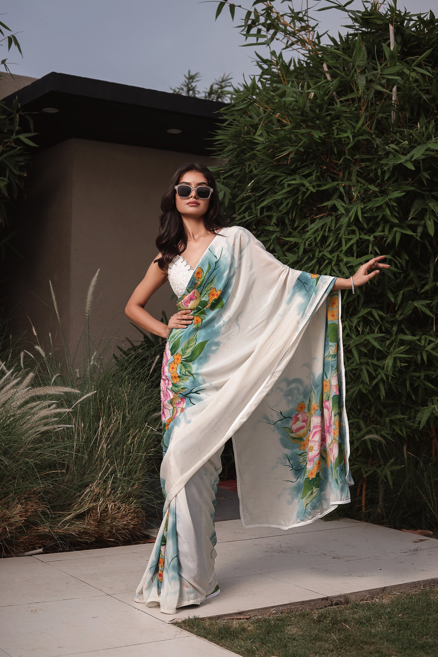 Off-White Mulberry Silk Crepe Saree