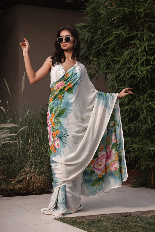 Off-White Malbari Silk Crepe Saree