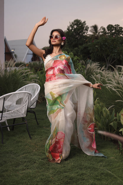 Hand-Painted Pure Silk Organza Saree with Blouse Piece