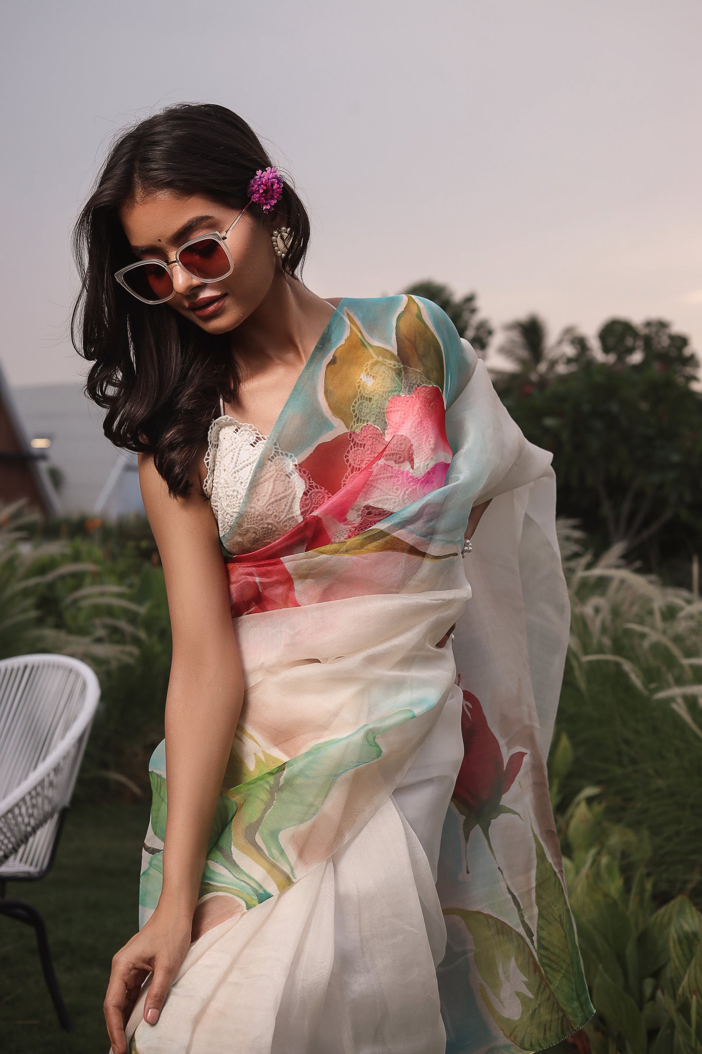 Hand-Painted Pure Silk Organza Saree with Blouse Piece