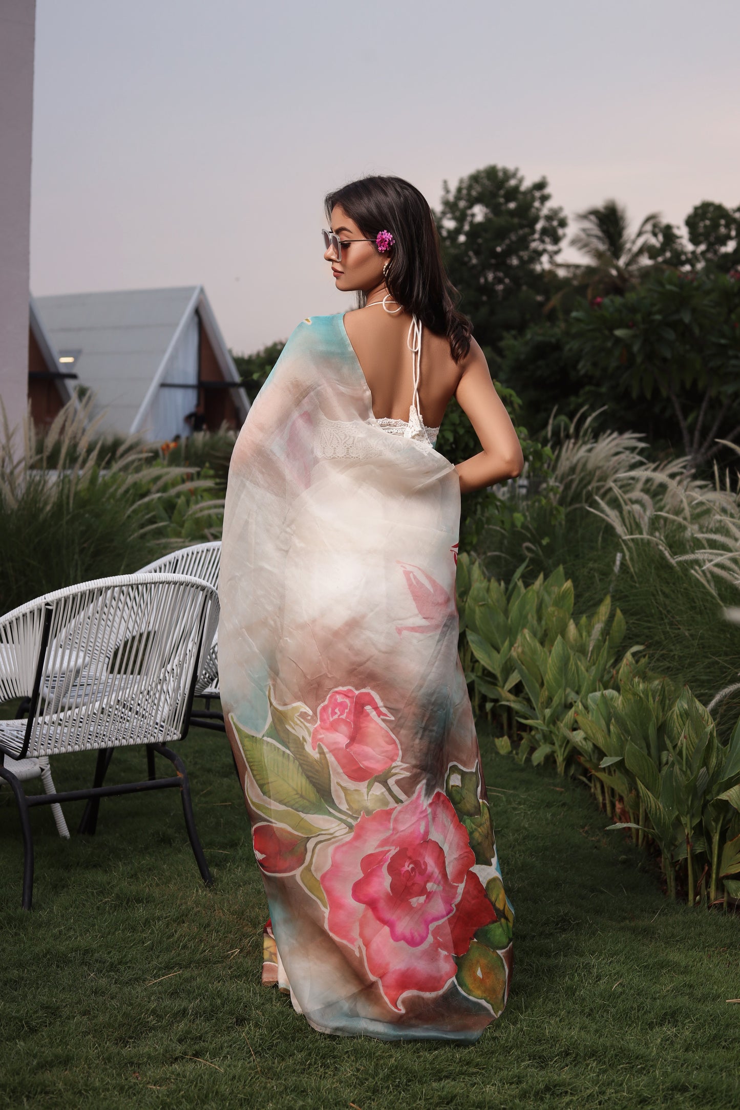 Hand-Painted Pure Silk Organza Saree with Blouse Piece